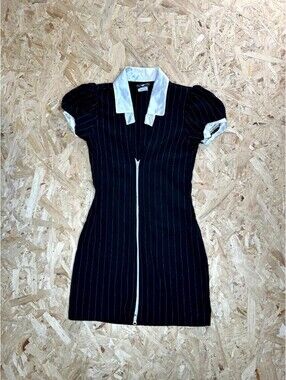 Charades Gangster Costume Dress Womens Small Black Pinstripe Zip Front Halloween